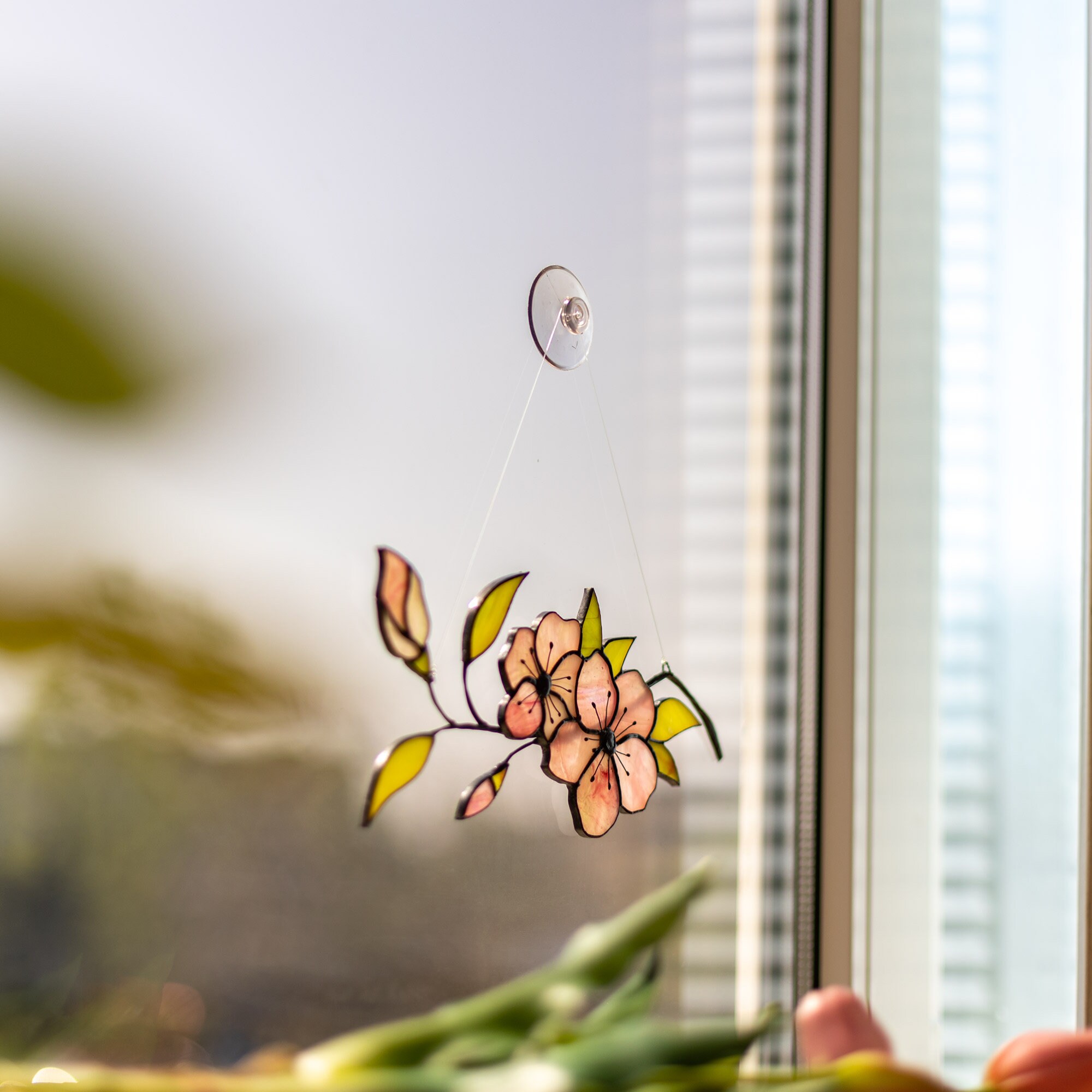 Suncatcher Sakura Branch Stained Glass Blooming Cherry Blossoms Stained