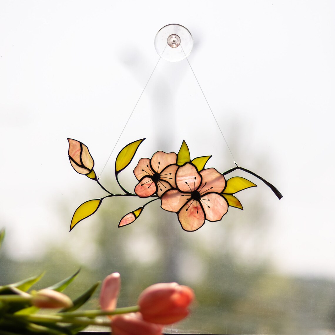 Suncatcher Sakura Branch Stained Glass Blooming Cherry Blossoms Stained