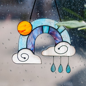 Vitral Rainbow Suncatcher, Suncatcher de gota de chuva com nuvem, decoração de vitral de arte de nuvem de chuva, presente de tia