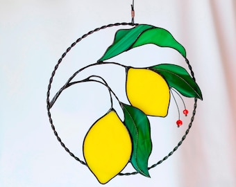Stained Glass Lemon Tree Window Hanging, Citrus Fruit Art, Light Catcher Decoration, Perfect Housewarming Gift or Lemon Decor for dad