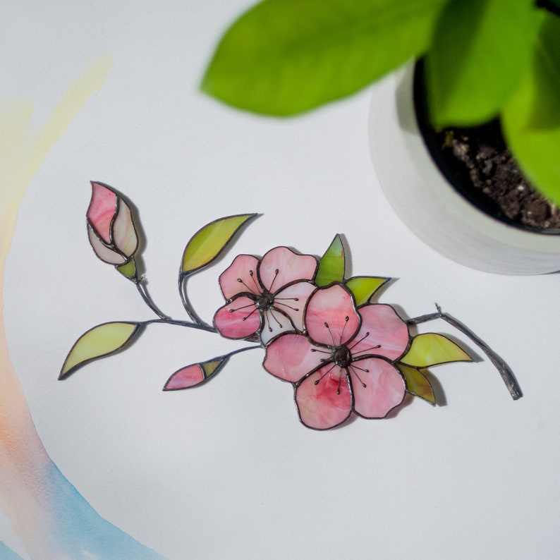 Suncatcher Sakura Branch Stained Glass Blooming Cherry Blossoms Stained