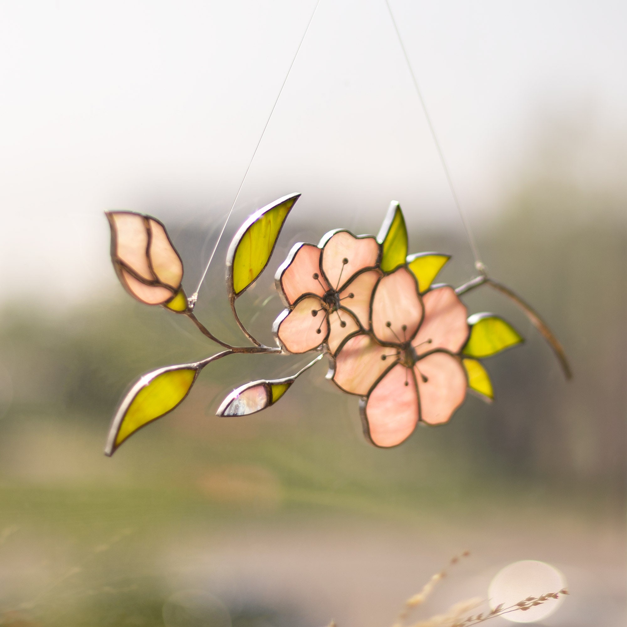Suncatcher Sakura Branch Stained Glass Blooming Cherry Blossoms Stained