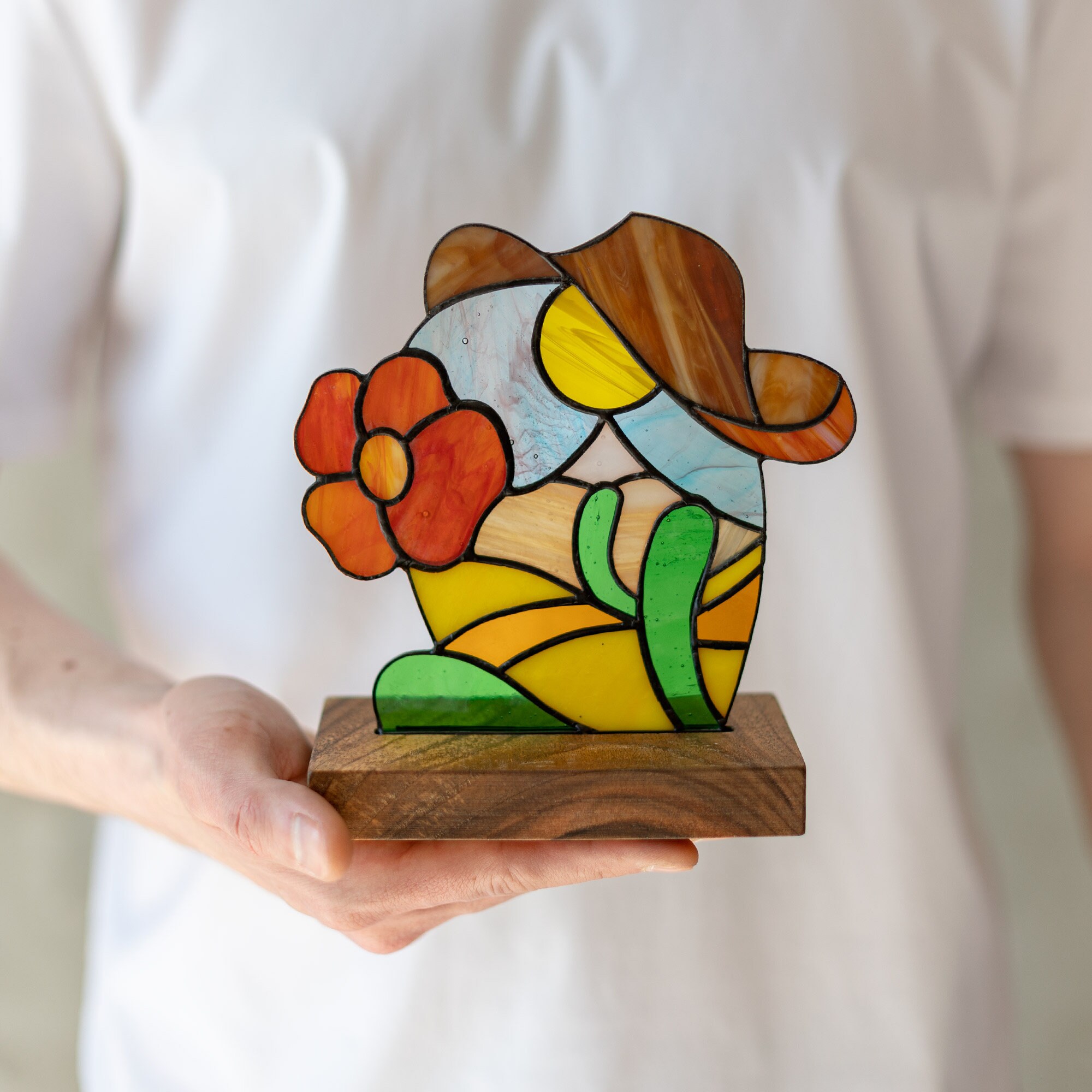 HOTIYOK Buntglas-Fensterbehang Wüsten-Sonnenuntergang – 30,5 Cm, Kaktus & Berg-Landschaft, Sonnenfänger