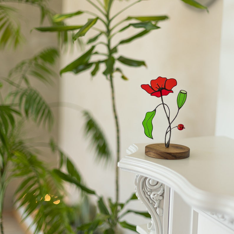 3D Stained Glass Red Poppy Suncatcher Flower Botanical Art Leaves Plant