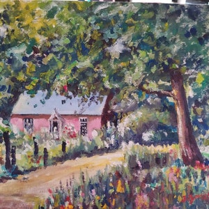 Pintura al óleo vintage francesa, casa inglesa sobre panel de cartón, arte original, paisaje inglés de alrededor de 1970 y casa antigua