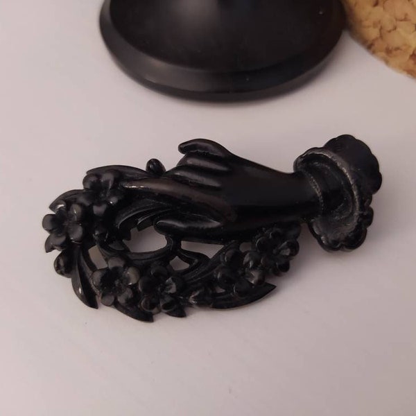 Victorian gutta percha brooch  Mourning brooch decor Hand hanging flowers