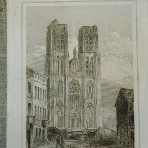 Gravure française ancienne - Église bruxelloise St Michel et Ste Gudule - Gravure romantique - Monument médiéval