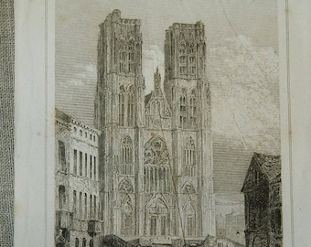 Antique French Engraving - Bruxelles church St Michel and St Gudule - Romantic engraving - Medieval Monument