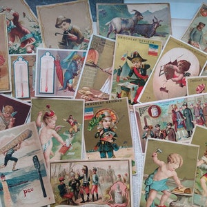 Anciennes cartes de commerce françaises représentant des enfants jouant et différents personnages fin des années 1900