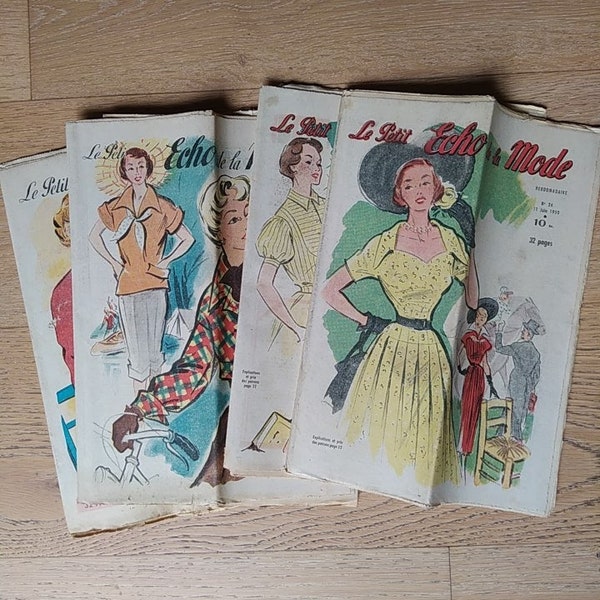 Petit Écho de la Mode 1948 à 1953 (lot de 5) French Ladies Magazine Publicités mode et patrons de couture Magazine Midi Century