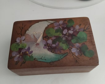 Antique french wooden painted box 1930 France violets and sailboat