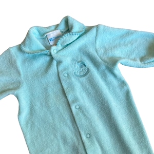 Vintage 80s Carters Blue Rocking Horse Footie One Piece Romper Sleeper 12-17 lbs