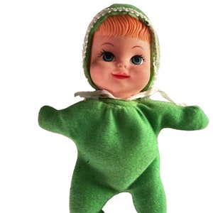 Vintage Fun World Green Bean Bag Plush Doll Vinyl Face Baby Toy 1960s 6” Doll