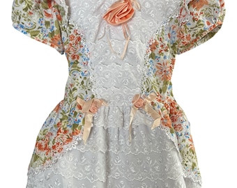 Vintage jaren 90 perzikkleurige bloemenkanten peuterjurk 3T