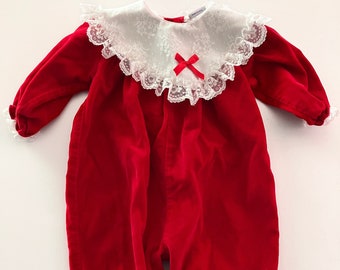 Vintage 80s Lacy Red Velvet Christmas Valentine's Day Jumpsuit Onesie Outfit - 9 months