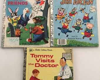 Three Richard Scarry Vintage Golden Books - Just For Fun - Tommy Visits the Doctor - Rabbit and His Friends