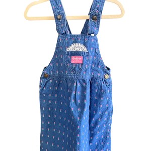Op de afbeelding: Blauwe denim overall jurk met een bloemenpatroon. De jurk heeft verstelbare bandjes, decoratieve knopen en een zak met het OshKosh-logo. Een wit kanten detail bevindt zich boven de zak. De jurk hangt aan een houten hanger.