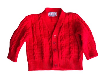 Vintage 60s Bright Red Cable Knit Button Down Cardigan Baby Sweater - 6-12 months - Blue Bird Sweater - Valentines Day or Christmas Sweater