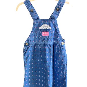 Op de afbeelding: Blauwe denim overall jurk met roze bloemenprint en een wit kanten detail. Voorzien van verstelbare bandjes met knopen en een zak met het OshKosh B'gosh logo. De jurk hangt aan een houten kleerhanger.