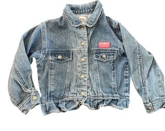 Vintage Osh Kosh jaren 90 B'gosh lichte wassing denim jeansjack met ruches onderkant vestbak maat 4T