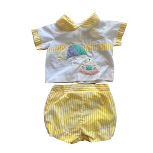 Vintage 80s Baby 2 Piece Yellow Beach Bear Sun Yellow Striped Outfit - Petit Jouet - 3 - 6 month
