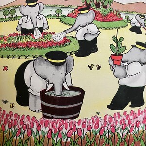 May include: Four elephants wearing hats and carrying gardening tools are working in a garden. One elephant is watering flowers, another is watering a cactus, another is filling a bucket with water, and the last elephant is standing in a bed of pink tulips.