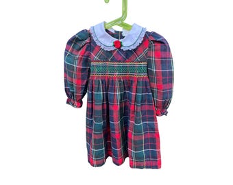 Vintage 80s Plaid Hand Smocked Smocking Rose Lace Collar Dress 18 months- 2T