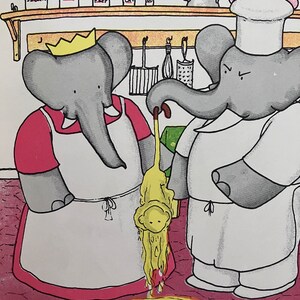 May include: A cartoon illustration of two elephants in a kitchen. One elephant is wearing a chef's hat and the other is wearing a crown. The elephant wearing the chef's hat is holding a yellow, dripping substance. The text "SUGAR", "SALT", "PEP", and "CAY" is visible on the shelf above the elephants.