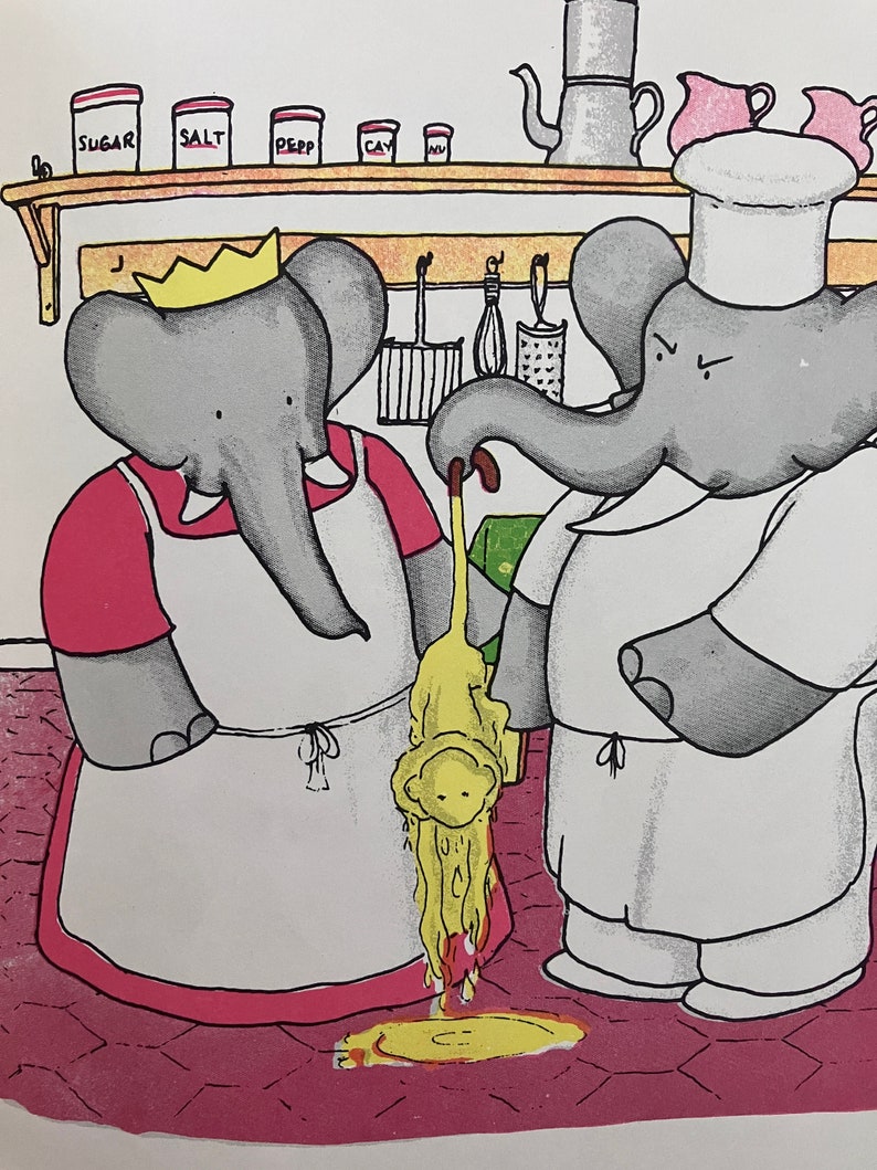 May include: A cartoon illustration of two elephants in a kitchen. One elephant is wearing a chef's hat and the other is wearing a crown. The elephant wearing the chef's hat is holding a yellow, dripping substance. The text "SUGAR", "SALT", "PEP", and "CAY" is visible on the shelf above the elephants.