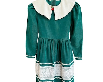 Vestido vintage de pana verde festivo de los años 80 y 90 con cuello blanco y detalles de encaje