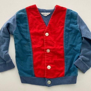 Vintage 1950s Velvet Blue and Red Paneled Rob Roy Boys Cardigan Sweater 2t 3t