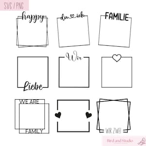 Può includere: Nove cornici in bianco e nero con testo diverso all'interno di ogni cornice. Il testo include "happy", "du & ich", "FAMILIE", "Liebe", "Wir", "WE ARE FAMILY" e "WIR ZWEI".