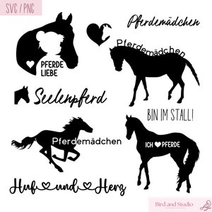 Könnte beinhalten: Schwarz-weiße Silhouettenbilder von Pferden mit deutschem Text, darunter "Pferdemädchen", "Seelenpferd", "BIN IM STALL!" und "Huf und Herz".
