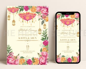 Floral Mehndi Night Invitation, Indian Wedding, Editable Canva Template (Digital Download)