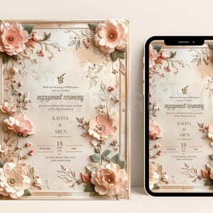 May include: An engagement ceremony invitation with a floral design. The invitation features a cream-colored background with embossed peach-colored flowers and green leaves. The text reads "engagement ceremony" and includes names and a date.