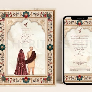 May include: Wedding invitation featuring a couple in traditional attire, framed by ornate floral and geometric designs in red, green, and gold. A smartphone displays a digital version of the invitation.