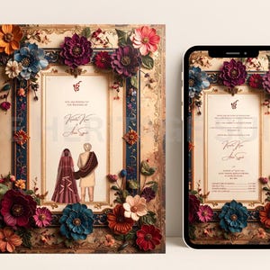 May include: A wedding invitation and a smartphone display a similar design. The invitation and phone screen feature a floral frame with a couple illustration. The invitation has text in a decorative font, and the color palette includes burgundy, blue, and cream.