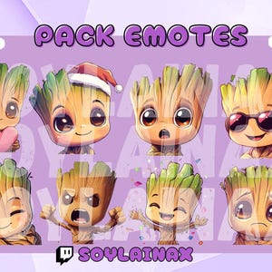 Hochwertiges Emotes Paket: Baby Groot aus Guardians of the Galaxy. Niedliche Emotes im Chibi-Stil für Twitch, Youtube, Kick und Discord.