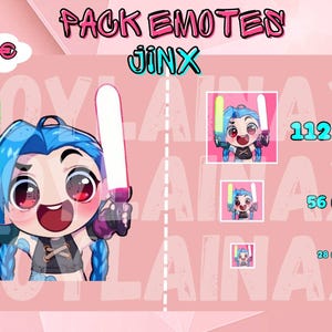 High quality emote animated pack: Jinx of League of Legends and Arcane. Cute chibi style emote for Twitch, Youtube, Kick and Discord.