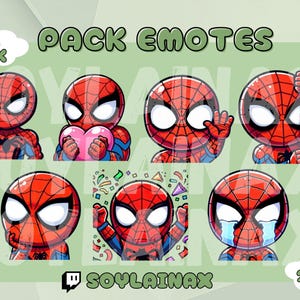 Pacote de emotes de alta qualidade: Spidey. Emotes fofos estilo chibi para Twitch, Youtube, Kick e Discord.