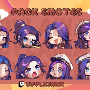 Pacchetto di emote di alta qualità: Caitlyn of Arcane e League of Legends (LOL). Emote carine in stile chibi per Twitch, Youtube, Kick e Discord.