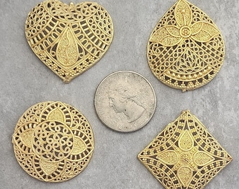 24 karat Gold over Copper Filigree Square, Heart, Pear, Round