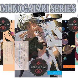May include: A collection of book covers from the "Monogatari Series" featuring anime-style illustrations. The covers display various scenes with characters, text, and the "ANGELINE_BH" logo. The series title is at the top.