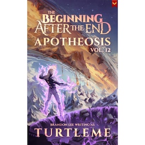 May include: A book cover titled The Beginning After The End Apotheosis Vol. 12 by Brandon Lee writing as TurtleMe. It features a figure surrounded by purple energy standing above a dark, rocky landscape with a dramatic, swirling sky above.