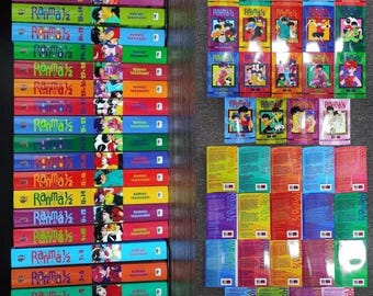 May include: A collection of 32 colorful manga volumes of Ranma 1/2, a popular Japanese comic series. The volumes are arranged in a vertical stack, with the spines facing outward. The spines are all red and white, with the title "Ranma 1/2" printed in black. The volumes are numbered from 1 to 32.