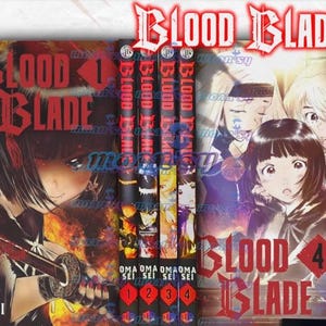 Op de afbeelding: Een verzameling manga-volumes getiteld "Blood Blade". De ruggen van de boeken zijn zwart met rode letters en de nummers 1 tot en met 4. De covers tonen anime-stijl illustraties van personages met zwaarden en dramatische achtergronden.