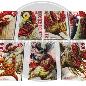 May include: A collection of six manga books titled "ROOSTER FIGHTER". Each book cover features a detailed illustration of a rooster with vibrant red, yellow, and white colors. The series title is printed in red.