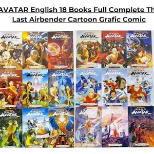 Op de afbeelding: Een set van 18 graphic novels met de cartoon Avatar: The Last Airbender. De boeken zijn gerangschikt in drie rijen van zes, met elk boek een ander omslagbeeld. De omslagen zijn kleurrijk en bevatten personages uit de show, waaronder Aang, Katara, Sokka en Zuko.