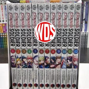 May include: A collection of twelve manga volumes titled "CHAINED SOLDIER" with colorful character illustrations. The spines are white with black text and volume numbers. A red and white circular logo is centered on the books.