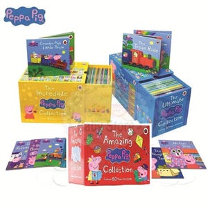 May include: A Peppa Pig book set featuring The Incredible Peppa Pig Collection in a yellow box, The Ultimate Peppa Pig Collection in a blue box, and The Amazing Peppa Pig Collection in a red box, with various individual storybooks displayed.